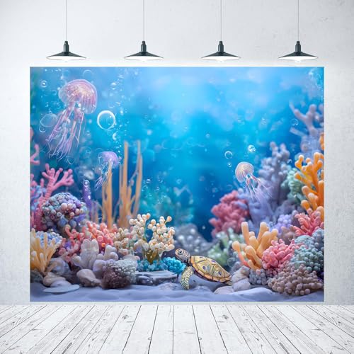 12x8ft Under The Sea Backdrop Ocean Theme Party Decorations Banner Mermaid Coral Jellyfish Underwater World Photography Background for Grils Baby Shower Birthday Photo Booth Prop - color: Pink Blue, size: 12x8ft