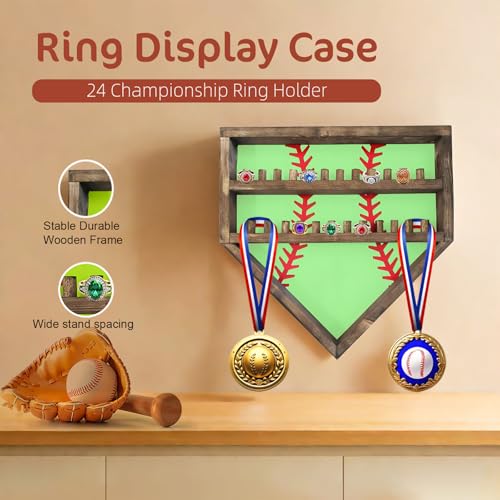 Baseball Championship Ring Display Case - 24 Post Sports Medal Wall Mount Box for Men and Boys (Green) - color: Green