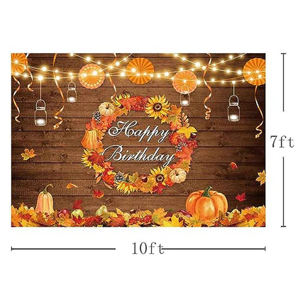 AIBIIN 10x7ft Fall Birthday Backdrop Autumn Rustic Wood Wall Photography Background Thanksgiving Pumpkin Maple Leaf Harvest Wreath Mexican Paper Fan Party Decoration Bday Cake Smash Photo Studio Props - size: 10x7ft