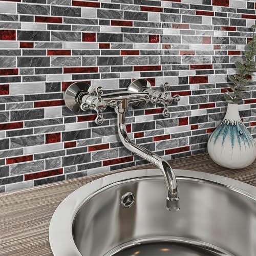 VICCI 12-Sheet Peel and Stick Tile Backsplash, Vinyl Waterproof Tiles Decals 12 x 12 inch Self Adhesive Wall Sticker for Kitchen, Bathroom & Laundry Room (Grey & Red Marble Style) - color: Spt-202, size: 12 x 12 inch (Marble style)