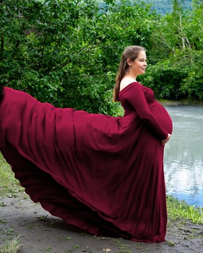 Saslax Maternity Off Shoulders Half Circle Gown for Baby Shower Photo Props Dress - color: 1#-burgundy 162, size: Large