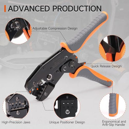 iCrimp Deutsch Ratchet Crimp Tool with Precise Positioning, Open Barrel Crimper for DT Connector Size 12 Stamped Contacts, 14, 12 AWG, Automotive Wiring Repair