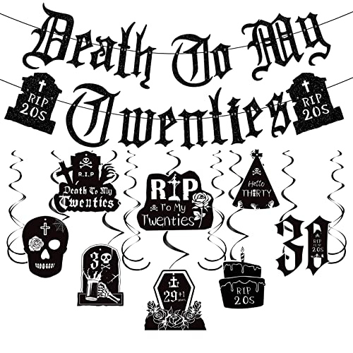 Death to My 20s Decorations - 14pcs Black 30th Birthday Party Decorations Banner Hanging Swirls Rip to My 20s Birthday Decor Party Ceiling Supplies Women Men Funeral for My Youth Party Decor - style: Death to My 20s