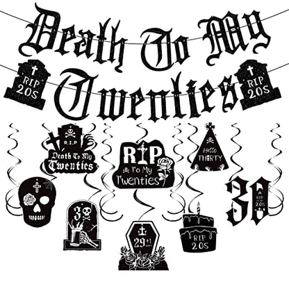 Death to My 20s Decorations - 14pcs Black 30th Birthday Party Decorations Banner Hanging Swirls Rip to My 20s Birthday Decor Party Ceiling Supplies Women Men Funeral for My Youth Party Decor - style: Death to My 20s