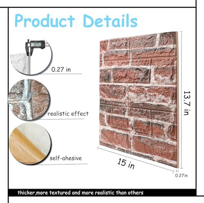 3D Wall Panels Peel and Stick in Red White Stone, 10 PCS XPE Foam Stone 3D Wallpaper, Faux Brick Wall Panels for Bedroom, Stairs, Kitchen - color: Red Brick, size: 10PCS