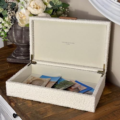 Set of 2 Ivory Bouclé Fabric Decorative Boxes with Wooden Handles, Modern Jewelry Boxes, Storage Boxes, Keepsake Boxes, Photo Memory Organizer, 14.2x8.6x3.5in