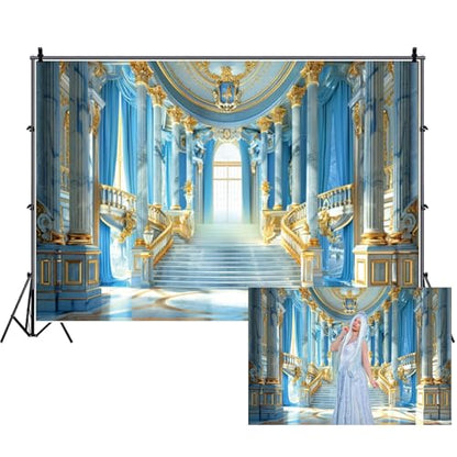 Renaiss Fabric Blue Palace Backdrop Luxury Golden Hall Castle Interior Staircase Masquerade Party Scene Wedding Bridal Shower Background Photo Booth Studio Props 5x4ft - color: XH002, size: 5Wx4H FT