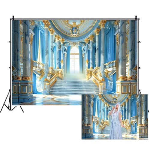 Renaiss Fabric Blue Palace Backdrop Luxury Golden Hall Castle Interior Staircase Masquerade Party Scene Wedding Bridal Shower Background Photo Booth Studio Props 6x4ft - color: XH002, size: 6Wx4H FT