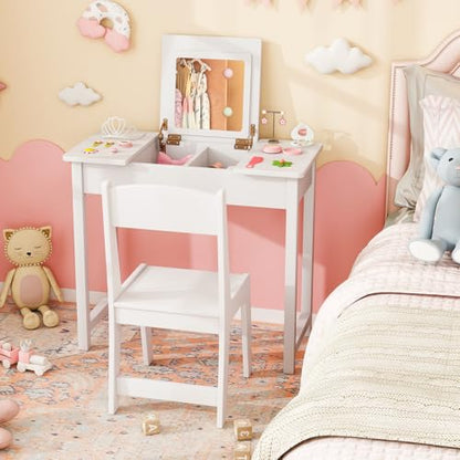 Costzon Kids Vanity, 2 in 1 Girls Vanity Set with Flip Top Mirror, Hidden Storage Space, Wooden Toddler Makeup Vanity Desk Dressing Table, Kids Vanity Table and Chair Set (White) - style: White with Flip Top Mirror