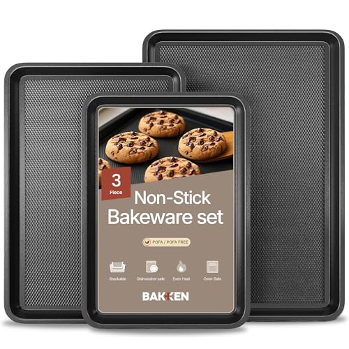 BAKKEN Kitchen Baking Pans - Small, Medium, and Large Cookie Pan (13.58×9.65, 15.75×11, 17.91×12.60), Nonstick, Diamond Texture Bottom, PFOA, PFOS, PTFE Free, Oven Safe Tray (450°F), Pack of 3, Gray - color: Gray, size: Pack of 3