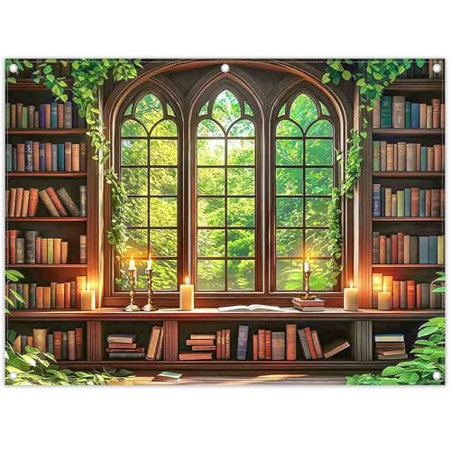 8x6ft Fabric Vintage Wooden Bookshelf Backdrop Retro Library Window Green Forest Candle Photography Background Indoor School Decorations Photo Booth Props - size: 8'x6'