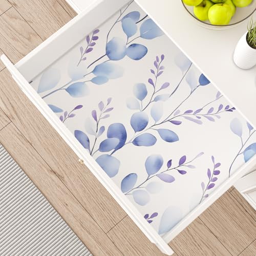 Extra Long Boho Blue Leaves Contact Paper, 17.5In x 393In Casual Eucalyptus Botanical Peel and Stick Wallpaper for Bedroom Cubicle Kitchen, Vinyl Natural Foliage Mural Self Adhesive Wall Paper - color: White/Pale Blue, size: 17.5" x 393"