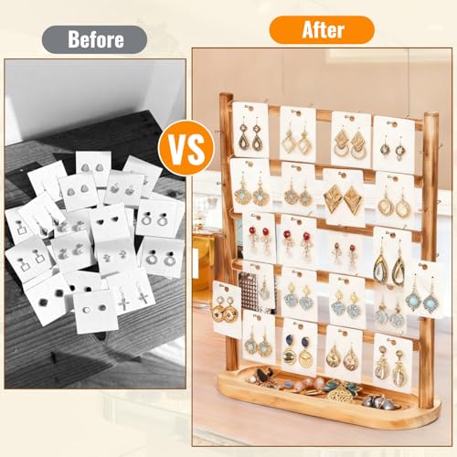 Earring Display Stands for Selling, 5 Tier Wooden Jewelry Display Rack with 56 Hooks for Vendors, Two-Sided Desktop Jewelry Towers Earring Cards Organizer for Bracelets, Rings