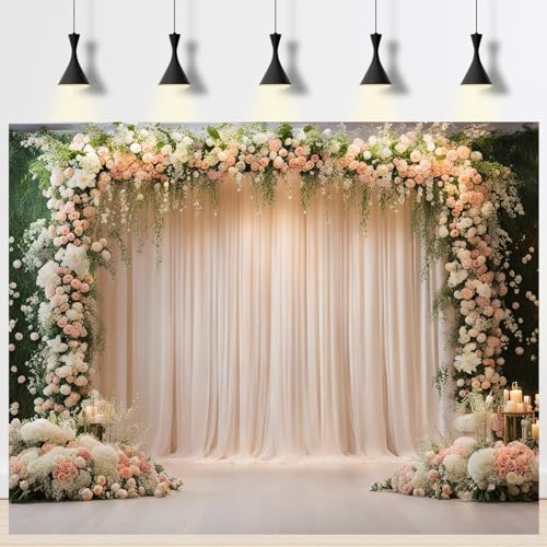 7x5ft Wedding Ceremony Backdrop, Luxury Elegant Style Wedding Backdrops, Party Arch Design, Decorated with Pink White Flowers Banner Props - size: 7x5ft
