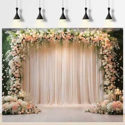 7x5ft Wedding Ceremony Backdrop, Luxury Elegant Style Wedding Backdrops, Party Arch Design, Decorated with Pink White Flowers Banner Props - size: 7x5ft