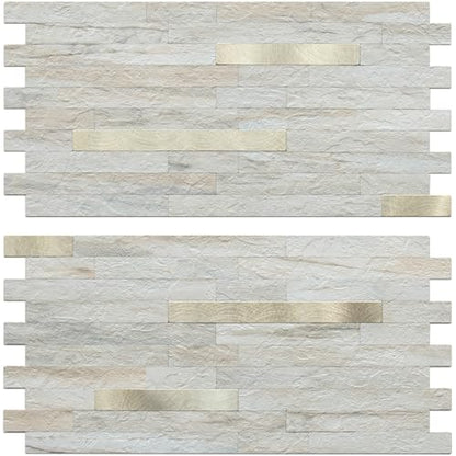 AULIGET Faux Stone Peel and Stick Backsplash, PVC Wall Tile Stick on Backsplash for Kitchen and Bathroom (2, Beige Marble Look) - color: Beige Marble + Metal Gold, size: 2 Sheets, 6"x12"x0.12"
