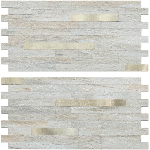 AULIGET Faux Stone Peel and Stick Backsplash, PVC Wall Tile Stick on Backsplash for Kitchen and Bathroom (2, Beige Marble Look) - color: Beige Marble + Metal Gold, size: 2 Sheets, 6"x12"x0.12"