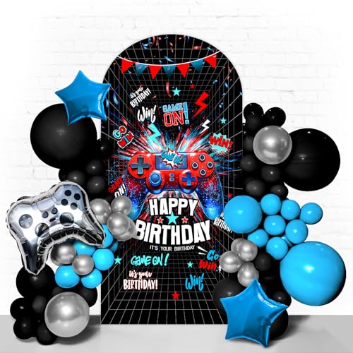 Video Game Happy Birthday Backdrop Arch Cover 6FT Double-Sided Spandex Fitted Birthday Party Arch Stand Covers Round Top Stretchy Backdrop Stand Covers Birthday Party Decoration Game Night - color: 52-Game Birthday Party, size: 6FT