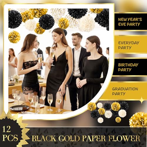 NICROLANDEE Black and Gold Party Supplies for 2026 Graduation - 12PCS Tissue Pom Poms 12" Decorative for Graduation, Wedding, Milestones Birthday for Men Women, Retirement Party, New Years Eve Party - style: Black Gold