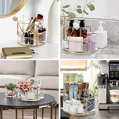 Hipiwe 360 Rotating Makeup Organizer 3-Slot Gold Glass Spinning Cosmetic Display Case Round Vanity Storage Holder Dresser Bathroom Organizer for Prefume Makeup Bushes Lipsticks - style: Round,3-Slot