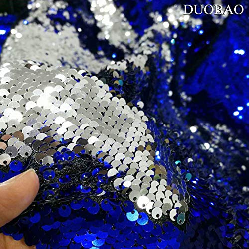 DUOBAO Royal Blue to Silver Mermaid Fabric by The Yard Two Tone Sequin Reversible Unique Quality Sequence Fabrics Mesh Sequins - color: Silver to Royal Blue, size: 1 Yard