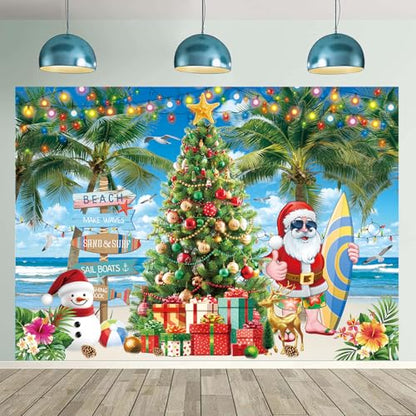 July Christmas Backdrop 10x8FT Summer Beach Santa Claus Christmas Tree Photography Background Tropical Hawaiian Xmas Party Decorations Supplies Photo Props - size: 10x8FT: 120x96 inch