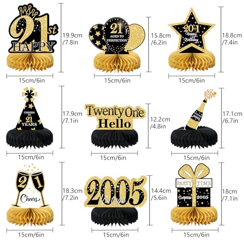 9Pcs Black Gold 21st Birthday Decorations Honeycomb Centerpieces for Girls,Happy 21st Birthday Centerpieces Tables Toppers Party Decorations Supplies,Vintage 2005 Aged Table Sign Decor - color: Black Gold 21st