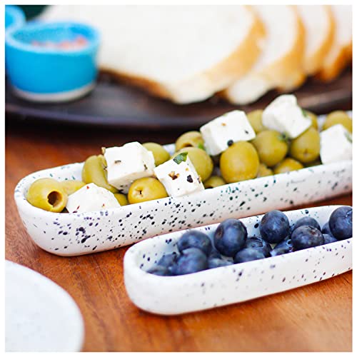 roro Ceramic Stoneware Hand-Molded Speckled Spotted Relish Plate (Olive Boat Tray Set of 2, White)