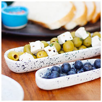roro Ceramic Stoneware Hand-Molded Speckled Spotted Relish Plate (Olive Boat Tray Set of 2, White)