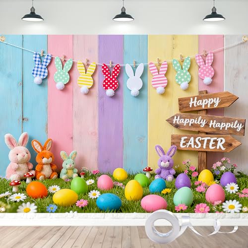Easter Backdrop 7x5FT Happy Easter Photo Backdrop with 32.8ft Ribbon and 4 Grommets, Colorful Spring Bunny Eggs Easter Backdrops for Photography Baby Shower Birthday Studio Party Decor - color: Easter Backdrop, size: 7x5FT