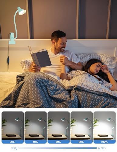 LiFMIRA Reading Light for Bed, Clip-on Desk Lamp with Flexible Neck, 3 Color Modes & 10 Dimmable Brightness, Teal - color: Teal