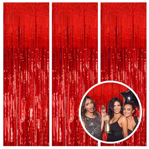 3 Pack Red Party Backdrop Tinsel Streamers Christmas Decorations Foil Fringe Backdrop Curtains Carnival Casino Theme Birthday New Year Holiday Celebration Bachelorette Party Decorations Supplies - color: Red