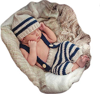 Newborn Baby Photo Shoot Props Girl Boy Crochet Knit Hat Costume Stripe Hat Pants Overalls Photography Props - color: Beige
