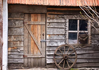 BELECO 6x4ft Fabric Old Wooden House Cabin Backdrop Rustic Farmhouse Barn Door Wooden Window Wheel Background Western Country Scene Cowboys Theme Party Decorations Kids Adults Photo Studio Props - size: 6x4FT