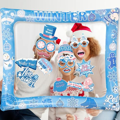 Winter Photo Booth Props Inflatable Frame, 30Pcs Winter Wonderland Photo Props with Inflatable Picture Frame Large for Frozen Holiday Party Selfie Supplies - color: Winter