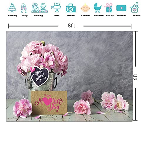 8x6ft Happy Mother's Day Backdrops Pink Carnation Background Wood Floor Backgrounds Gray Abstract Background Mother's Party Bridal Shower Party Decor D524 - size: 8x6ft
