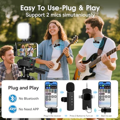 Vlogging Kit with Wireless Lavalier Microphone for iPhone, Android, YouTube Starter kit Content Creator Equipment with 60” Extendable Fullsize Tripod, Soft Light for Vlogging, YouTube, TikTok
