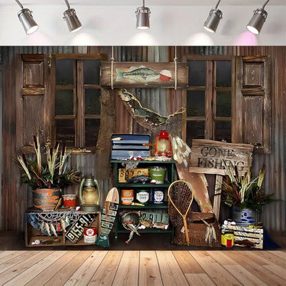Rustic Wood Gone Fishing Photography Backdrop Gone Fishing Boy Girl Birthday Party Decoration Background Brown Wood Board Child Portrait Backdrop Baby Shower Dessert Cake Table Banner (9X6FT) - size: 9X6FT