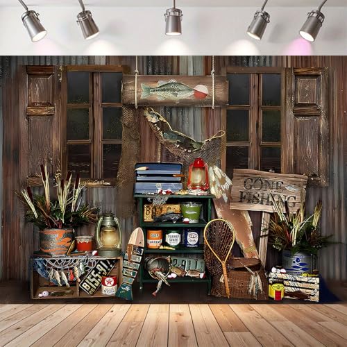 Rustic Wood Gone Fishing Photography Backdrop Gone Fishing Boy Girl Birthday Party Decoration Background Brown Wood Board Child Portrait Backdrop Baby Shower Dessert Cake Table Banner (9X6FT) - size: 9X6FT