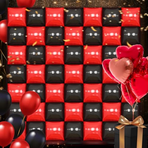 50PCS Black and Red Square Foil Balloon Wal, Reusable DIY Mylar Double Side Metallic Red Black Garland Tunnel Arch Kit for Anniversary Bachelorette Engagement Halloween Party Decor - color: Black & Red