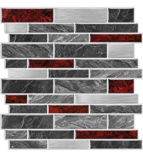 VICCI 12-Sheet Peel and Stick Tile Backsplash, Vinyl Waterproof Tiles Decals 12 x 12 inch Self Adhesive Wall Sticker for Kitchen, Bathroom & Laundry Room (Grey & Red Marble Style) - color: Spt-202, size: 12 x 12 inch (3D Textured style)