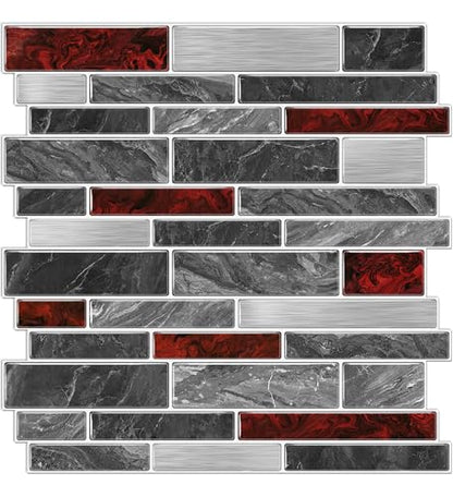 VICCI 12-Sheet Peel and Stick Tile Backsplash, Vinyl Waterproof Tiles Decals 12 x 12 inch Self Adhesive Wall Sticker for Kitchen, Bathroom & Laundry Room (Grey & Red Marble Style) - color: Spt-202, size: 12 x 12 inch (3D Textured style)