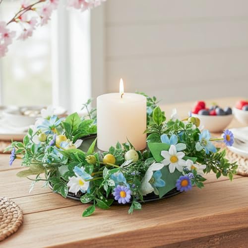 MOYEE Candle Holder Centerpieces for Tables,Candle Ring,Wreaths, Black Metal Candle Stick Paired Artificial Flowers 14 in Versatile Dining Table Centrepiece - color: Mixed Color Daisy Wreath