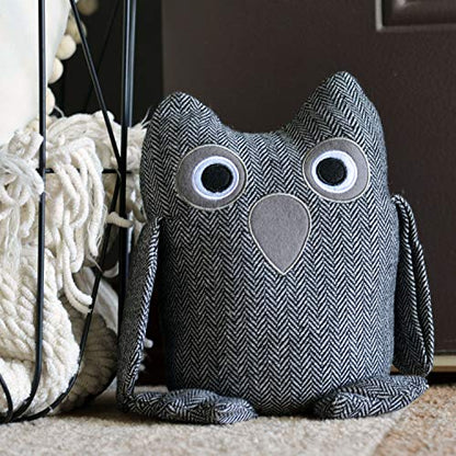Baby Barn Owl Door Stopper, Rustic Herringbone Fabric with Gray and Black Details, Applique Eyes, Rustic Woven, Polyester, Sand Filling, Weighted Prop, 8 3/4 Inches Tall, 2.3 Pounds - color: Owl