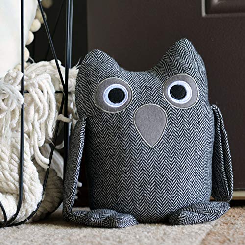 Baby Barn Owl Door Stopper, Rustic Herringbone Fabric with Gray and Black Details, Applique Eyes, Rustic Woven, Polyester, Sand Filling, Weighted Prop, 8 3/4 Inches Tall, 2.3 Pounds - color: Owl
