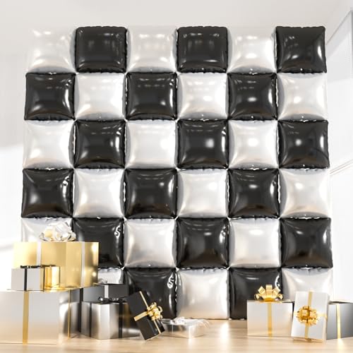 36pcs Double-Sided Black & White Checkered Foil Balloons Backdrop Wall Kit – Reusable Mylar Balloon Tunnel for Racing Car Birthdays, Weddings, Baby Showers, Graduation & Holiday Party Decor - color: Black & White