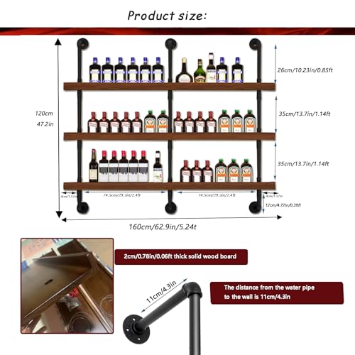 62.9in Large Wine Rack with LED Light Solid Wood Wall Mounted Wine Rack, 3-Tiers Liquor Bottles Floating Shelves Display Storage Organizer for Home Bar & Dining Room (160cm/62.9in) - size: 62.9 inches