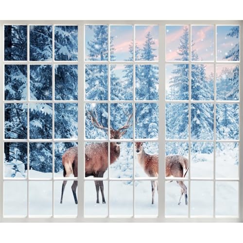 10x8ft Winter Reindeer Backdrop Snow Forest Window View Photography Backdrop Snow Wonderland Background Photo Prop Christmas Winter Tapestry for Wall Decor - size: 10x8ft-Polyester
