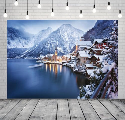 12x10ft Fabric Winter Mountain Village Backdrop Photography Austria Hallstatt Alps Mountain Background Austrian Winter Scenery Decoration Xmas Party Supplies Photoshoot Studio Props - size: 12x10FT