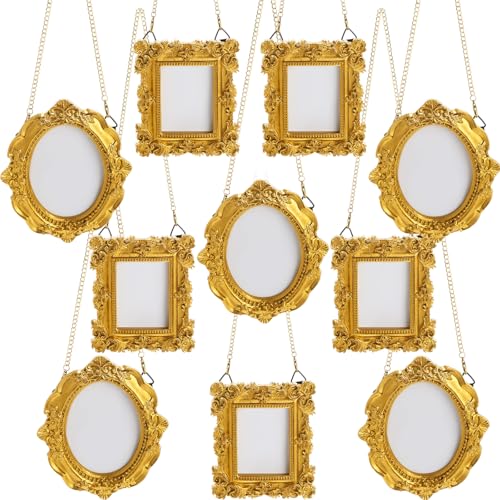 Weysat 10 Pcs Mini Hanging Gold Picture Frame Ornaments Small Hanging Antique Frame with Back and Chain Tiny Baroque Resin Picture Display for Home Wedding Holiday Christmas Tree (Vintage Style) - style: Vintage Style